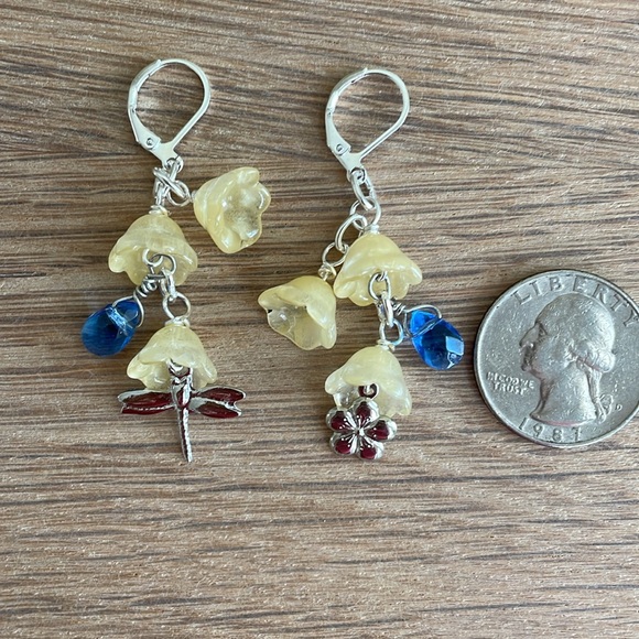 HAND CRAFTED EARRINGS Yellow Flowers Dragonfly and Flower Charms, Blue Drop - Picture 4 of 12